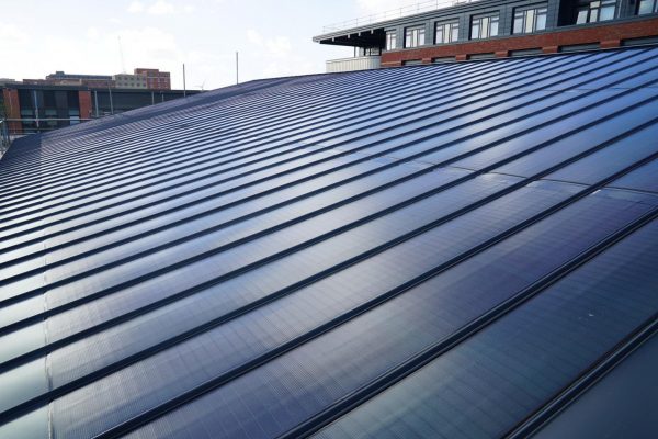 Vertical solar panels on a roof